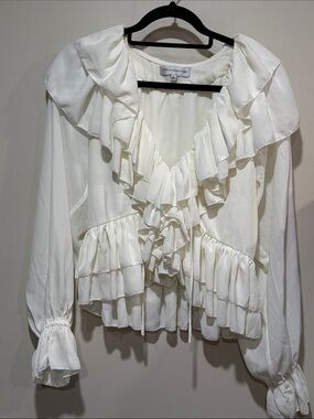 Torn by Ronny Kobo  Ivory Ruffle V-Neck Blouse - Romantic Layered Peplum